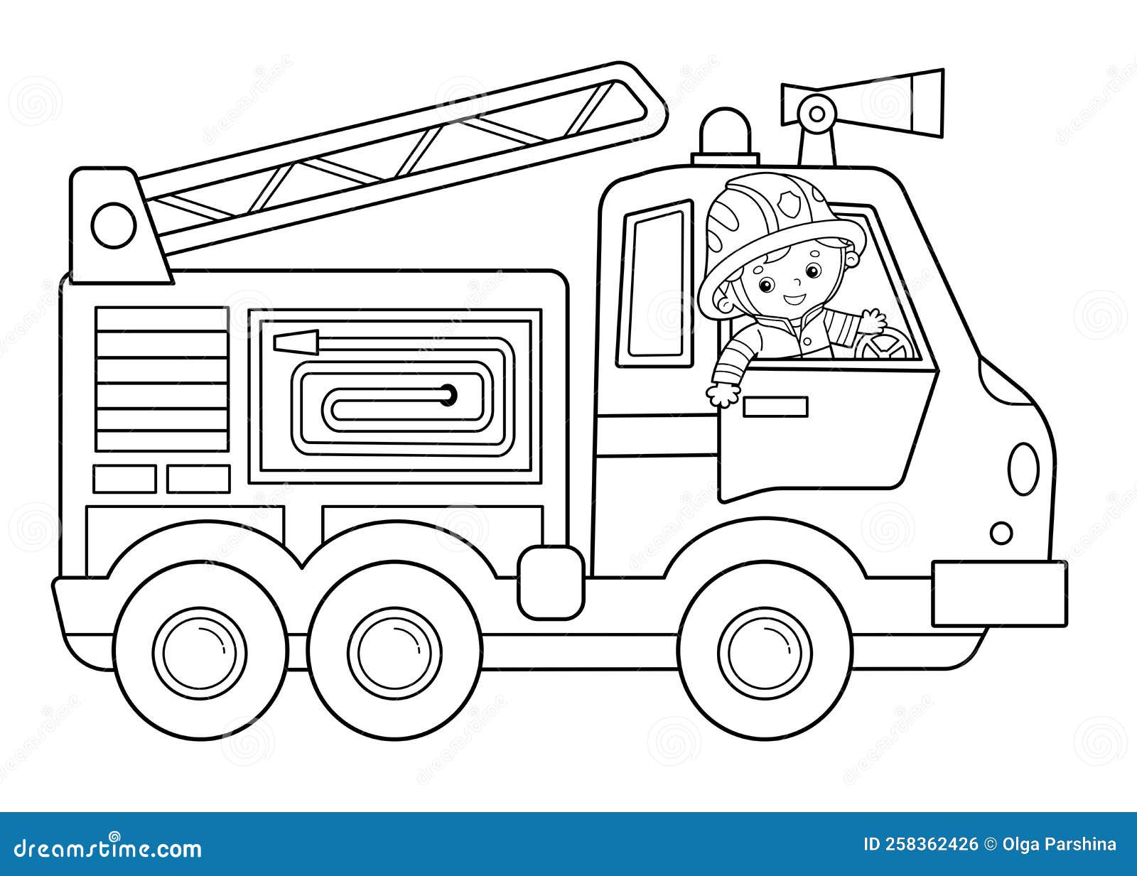 Coloring page outline of cartoon fire truck with fireman or firefighter professional transport stock vector