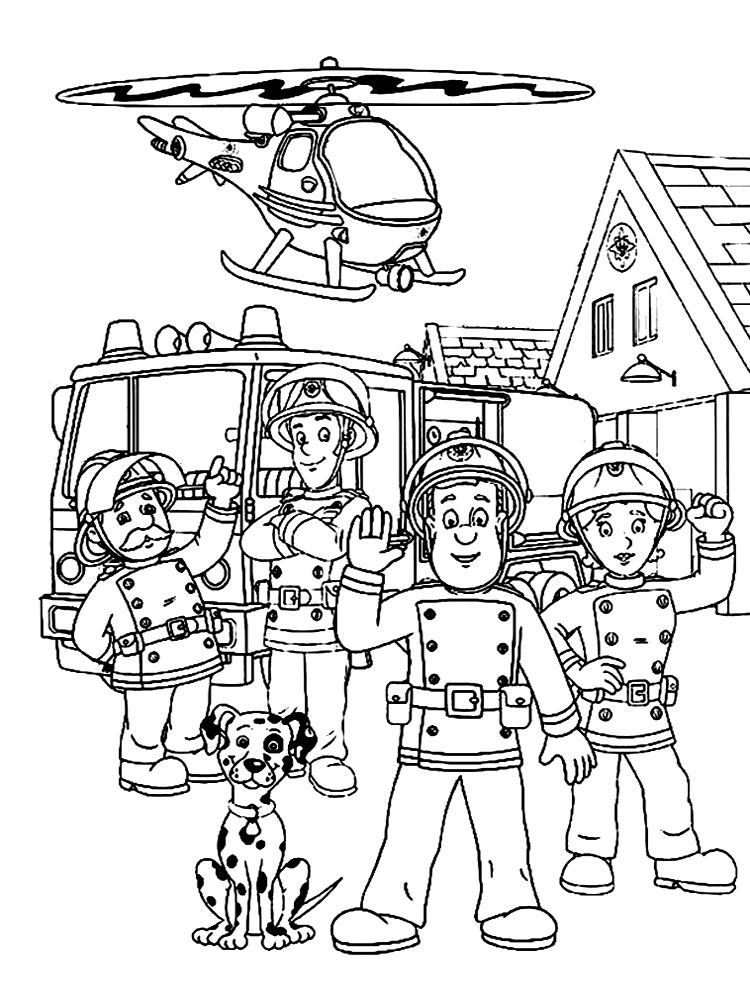 Fireman sam team and a helicopter coloring page