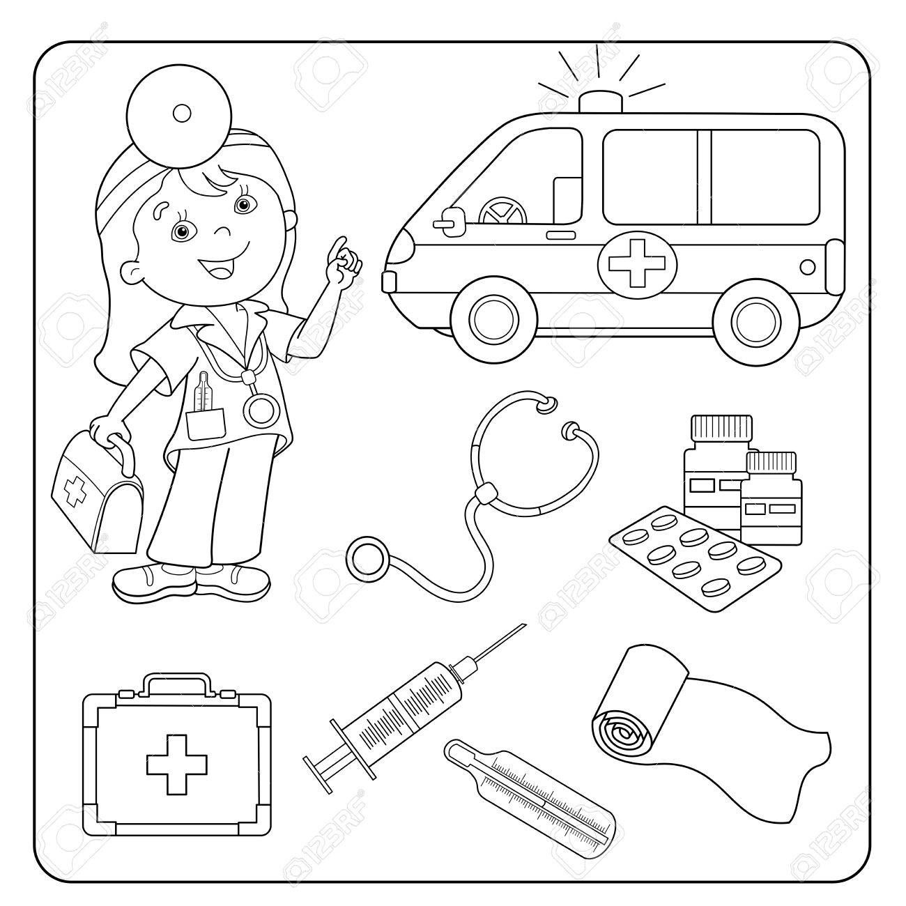 Coloring page outline of cartoon doctor with first aid kit ambulance car set of medical instruments profession medicine coloring book for kids royalty free svg cliparts vectors and stock illustration image