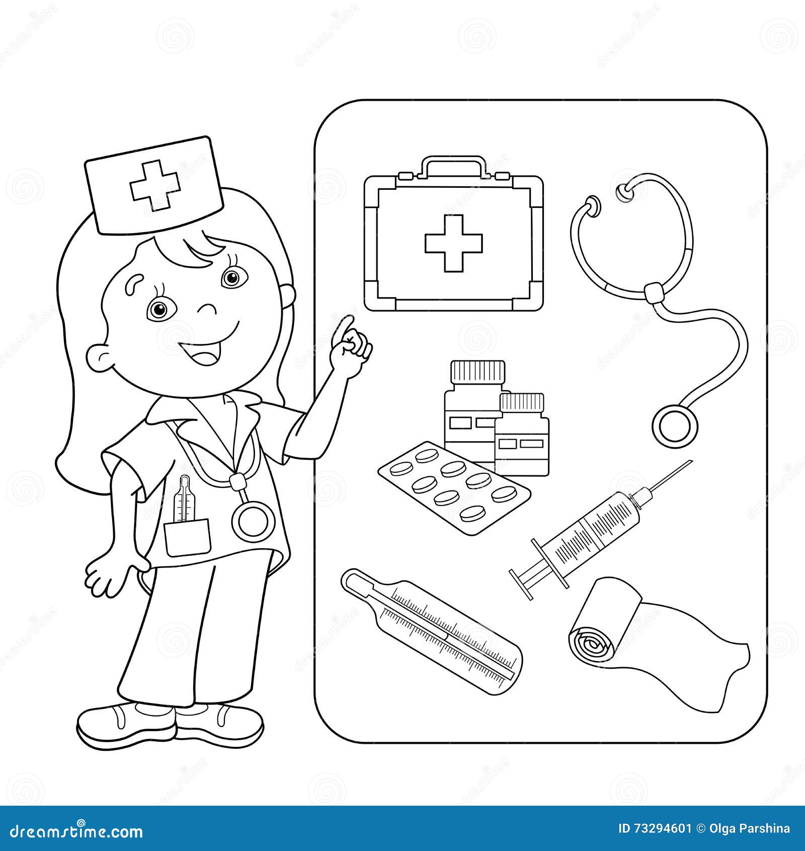 Coloring page outline of cartoon doctor with first aid kit stock vector