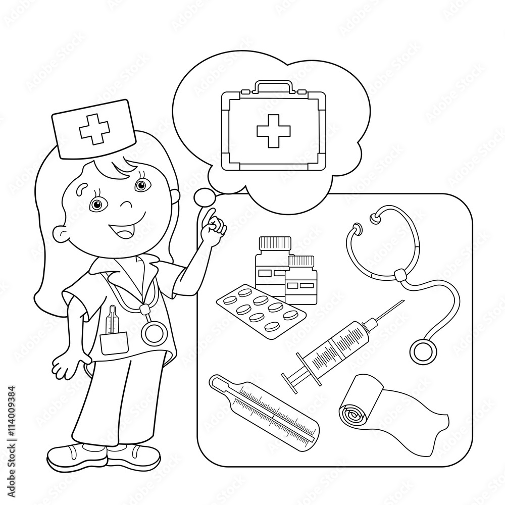 Coloring page outline of cartoon doctor with first aid kit vector