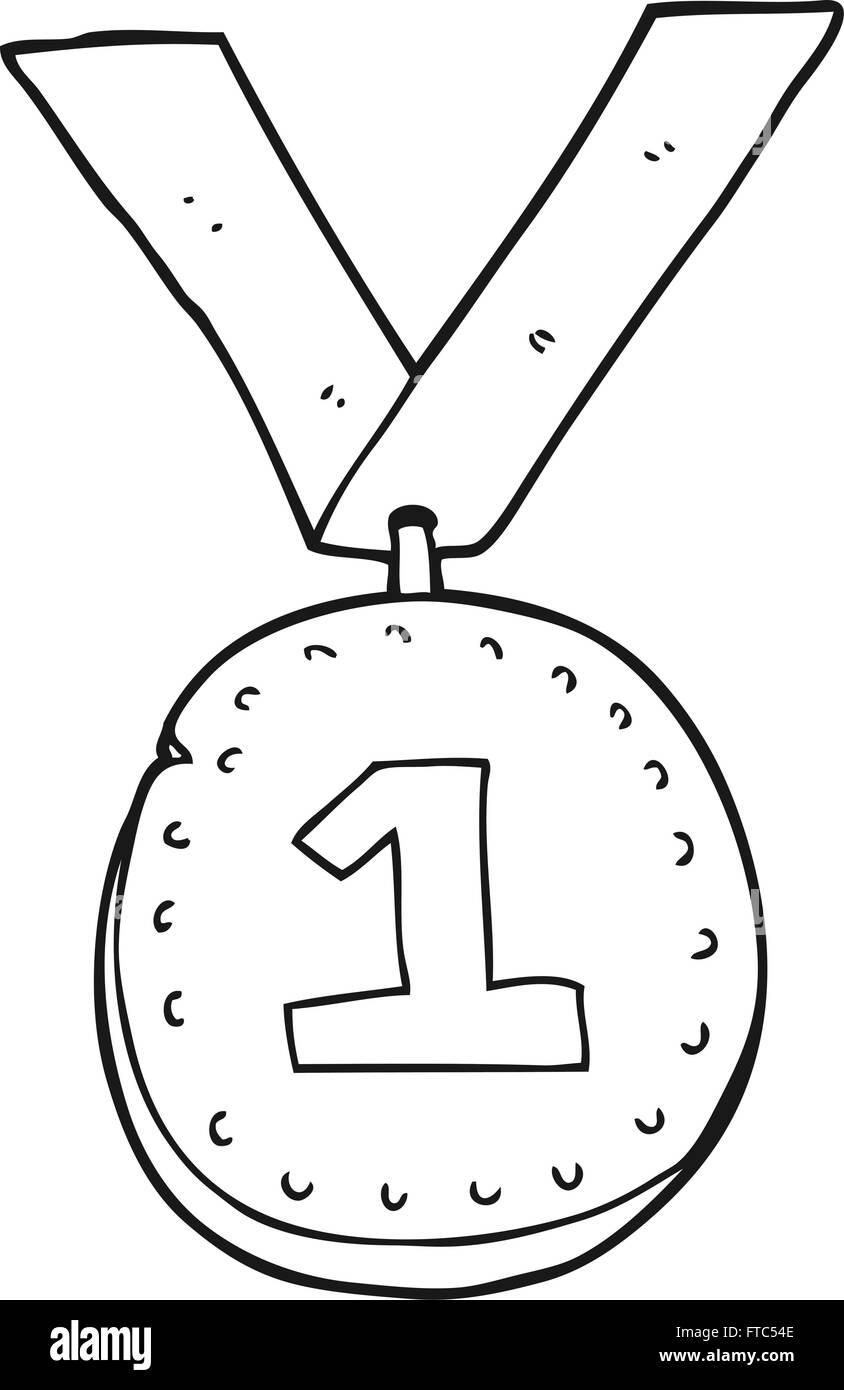 Freehand drawn black and white cartoon first place medal stock vector image art