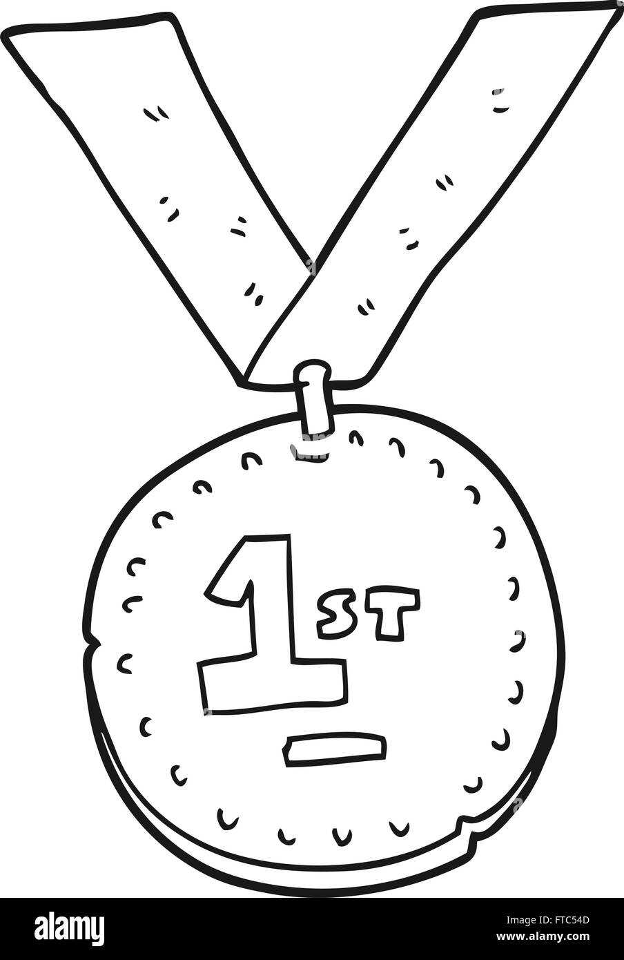 Freehand drawn black and white cartoon first place medal stock vector image art