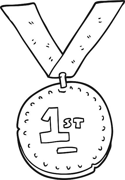 Black and white cartoon first place medal stock illustration