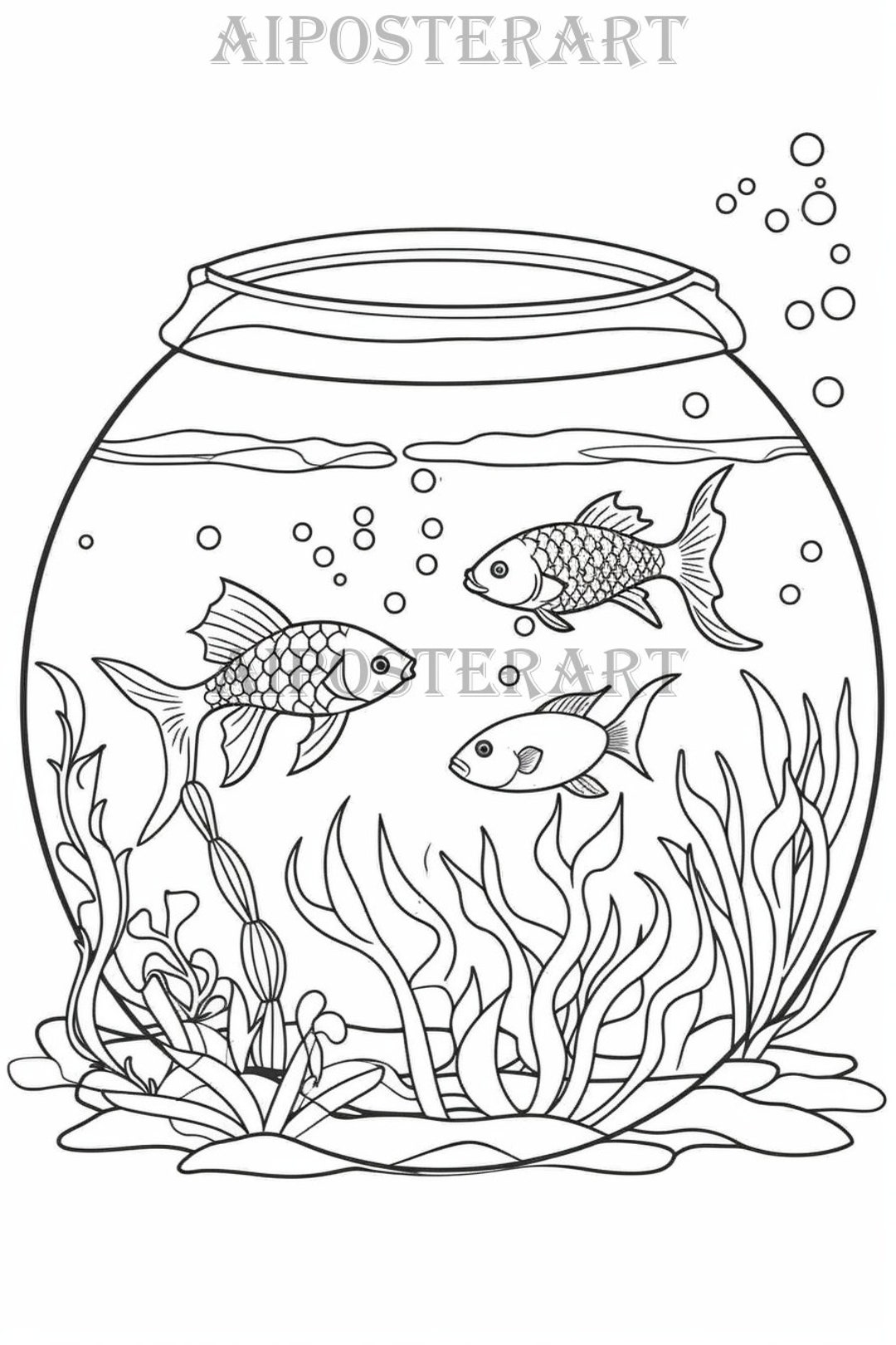 Fish bowl coloring page for adults and kids printable coloring sheet aquarium tropical fish high resolution x pixels