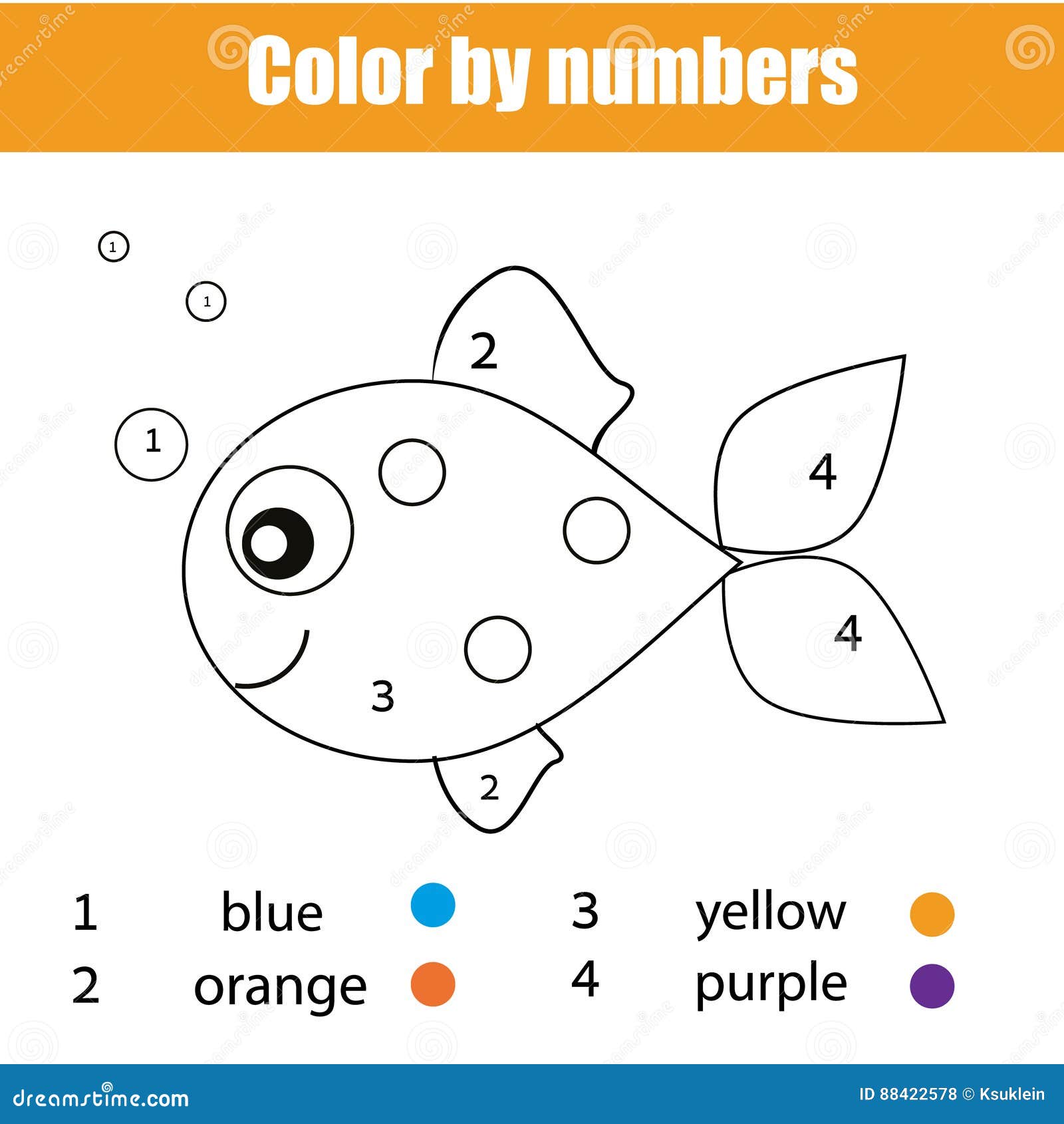 Coloring page with fish character color by numbers educational children game drawing kids activity stock vector