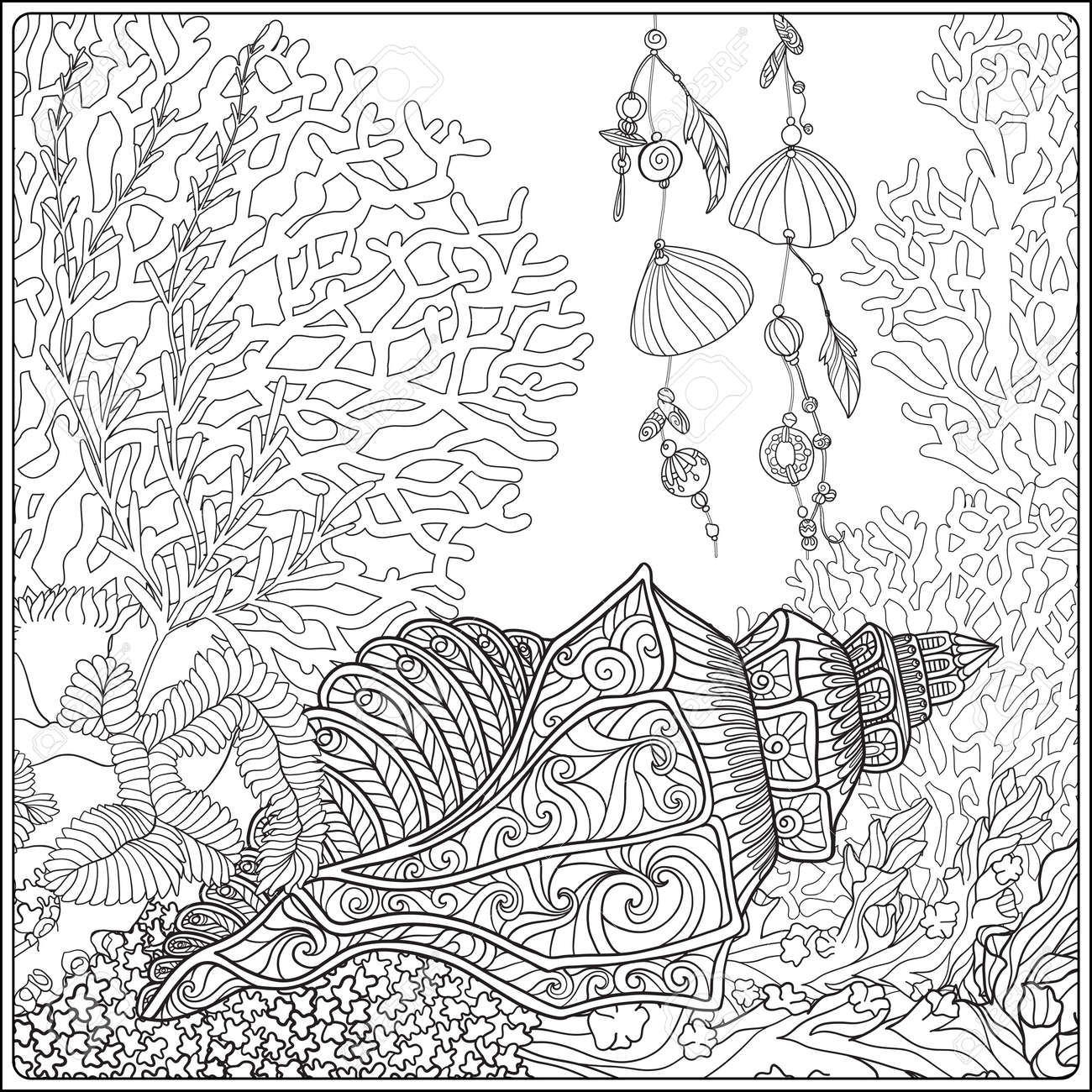 Coral reef collection corals fish and sea shells on bottom position vector illustration coloring book for adult and older children outline drawing coloring page royalty free svg cliparts vectors and stock illustration