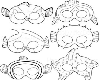 Fish printable coloring masks clownfish mask blue tang starfish pufferfish fish party moorish idol fish costume masks coloring page instant download