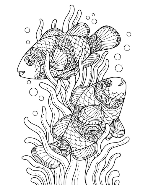 Adult coloring fish vectors illustrations for free download