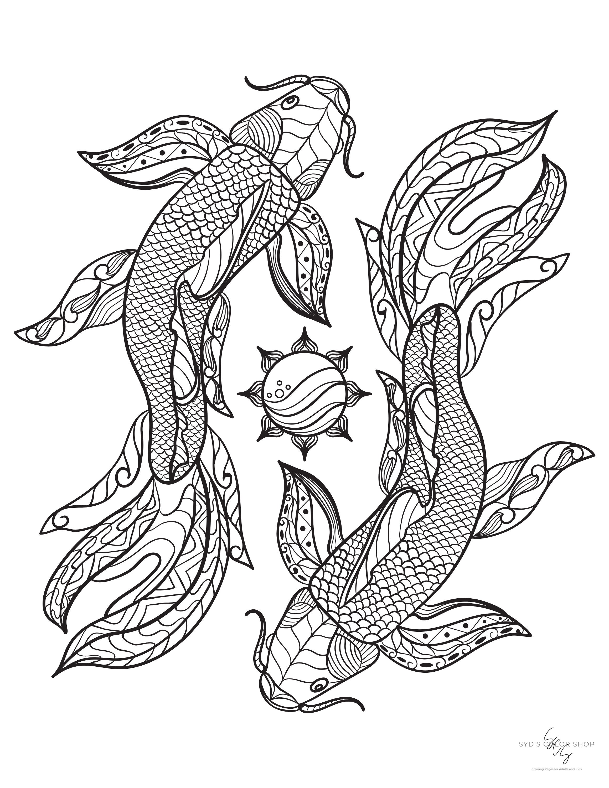 Koi fish coloring page adults kids anxiety