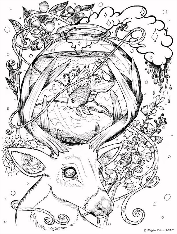 Deer with fish bowl printable adult coloring book page digital file instant download nature and fantasy digital coloring page instant download