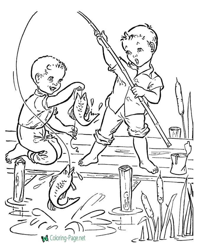 Boys fishing fish coloring pages