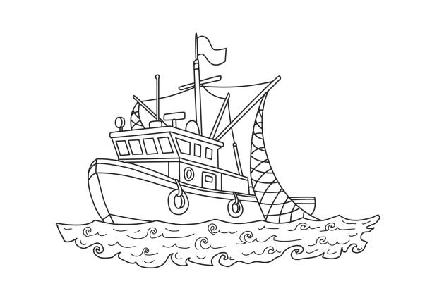 Fishing boat in the sea contour vector illustration for coloring book isolated on white stock illustration