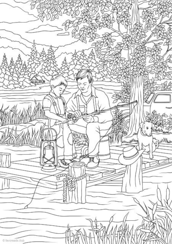 Country fishing printable adult coloring page from favoreads coloring book pages for adults and kids coloring sheets coloring designs