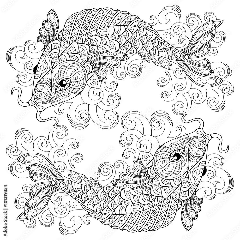 Koi fish chinese carps adult antistress coloring page black and white hand drawn doodle for coloring book vector