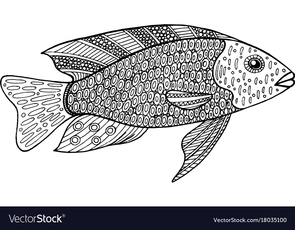 Doodle entangle fish coloring page for adults vector image