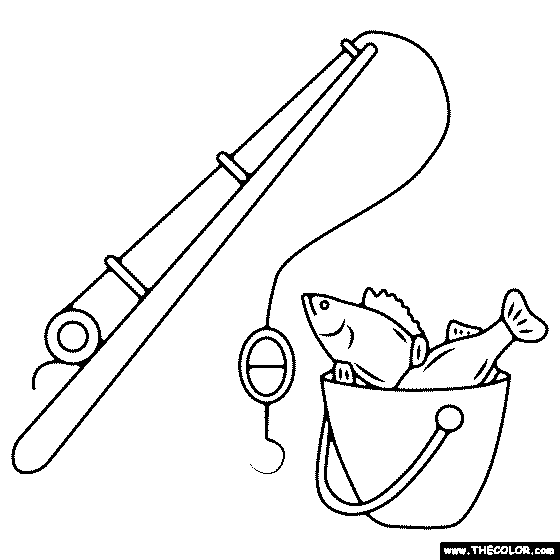 Fishing rod and bucket coloring page