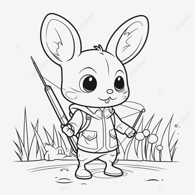 Cute rabit holding a fishing pole coloring page outline sketch drawing vector hunting drawing hunting outline hunting sketch png and vector with transparent background for free download