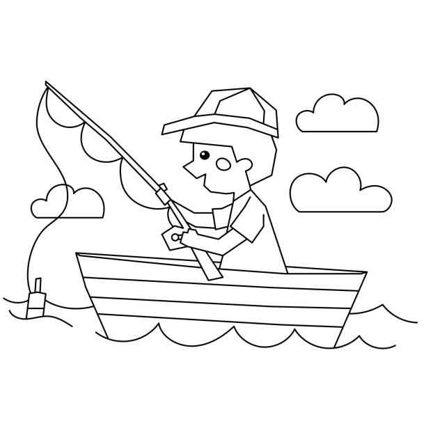 Coloring page outline of a boy fisherman with a fishing rod in boat coloring book for kids stock illustration