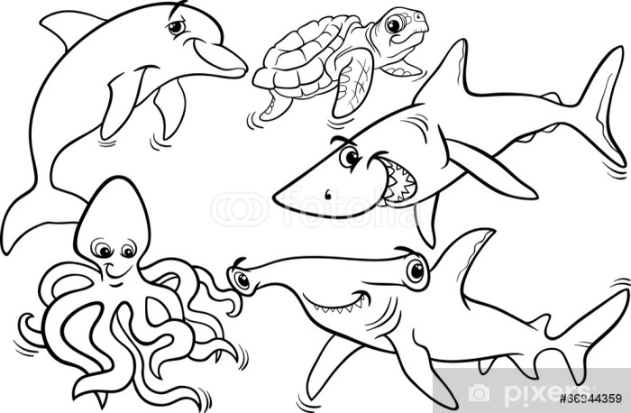 Sticker sea life animals and fish coloring page