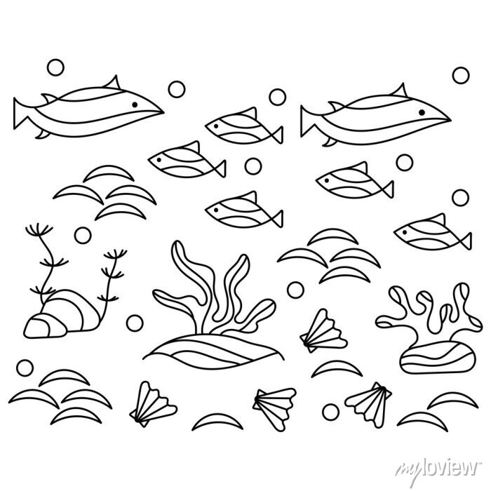 Underwater world coloring pages algae fish shells hand