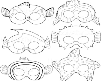 Fish printable coloring masks clownfish mask blue tang starfish pufferfish fish party moorish idol fish costume masks coloring page instant download