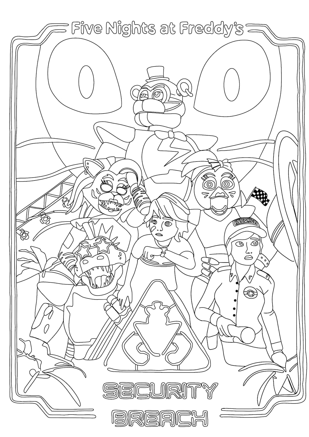 A digital downloadable adult colouring page fnaf security breach group