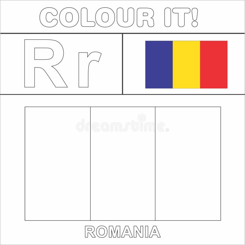 Colour it kids colouring page country starting from english letter r romania how to color flag stock illustration