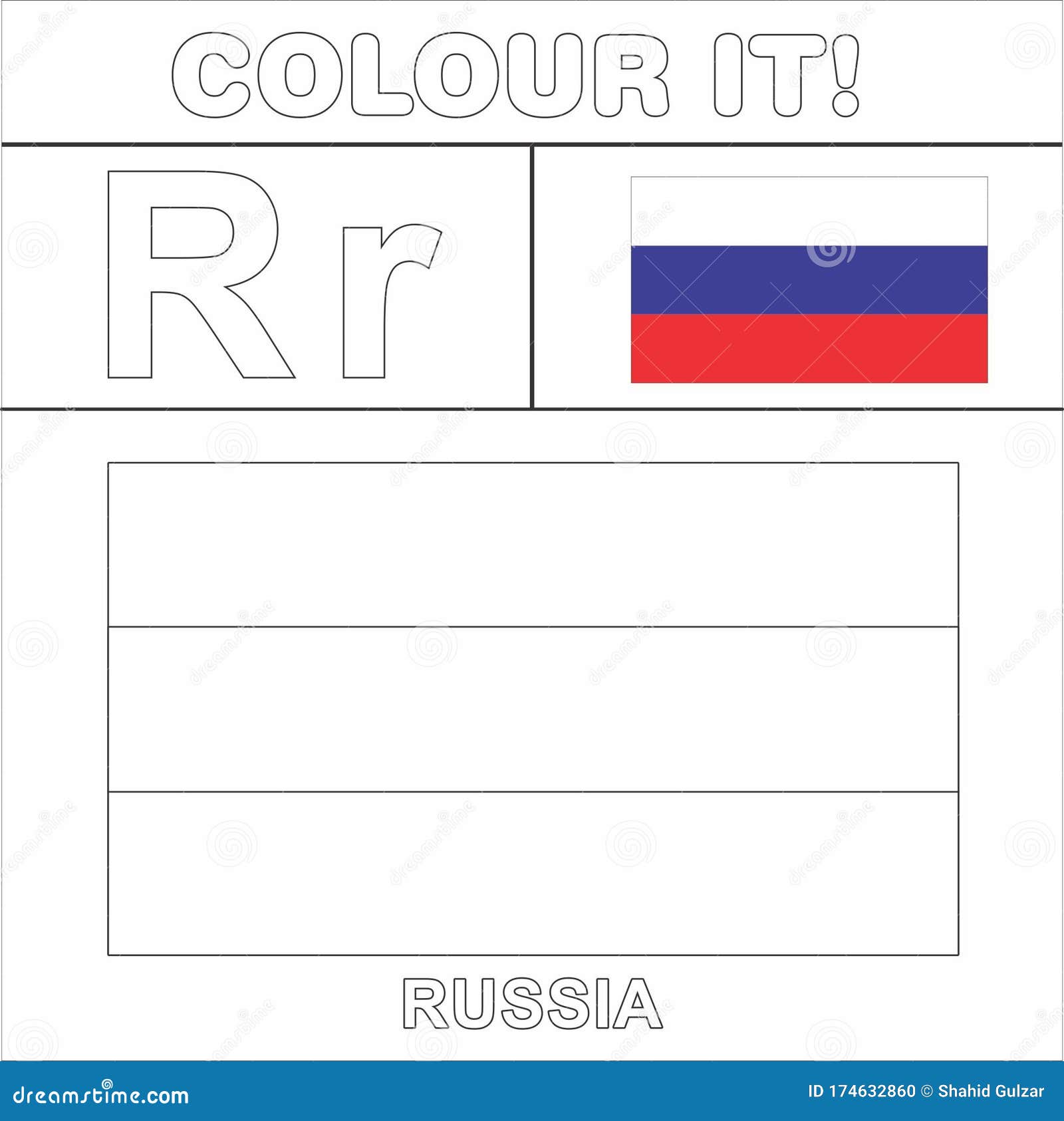 Colour it kids colouring page country starting from english letter r russia how to color flag stock illustration