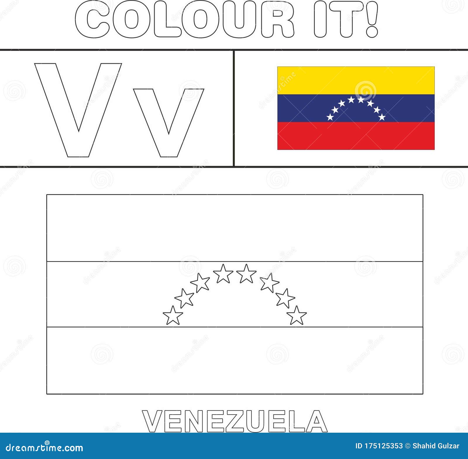 Colour it kids colouring page country starting from english letter v venezuela how to color flag stock illustration