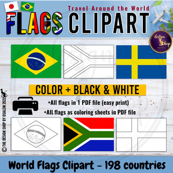 Bundle flags of the world teenage hands mockups clipart and coloring sheets