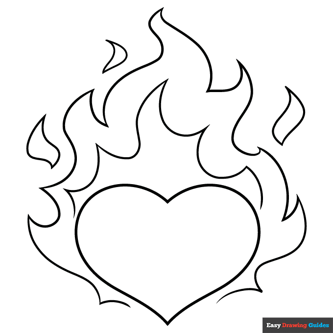 Heart on fire coloring page easy drawing guides