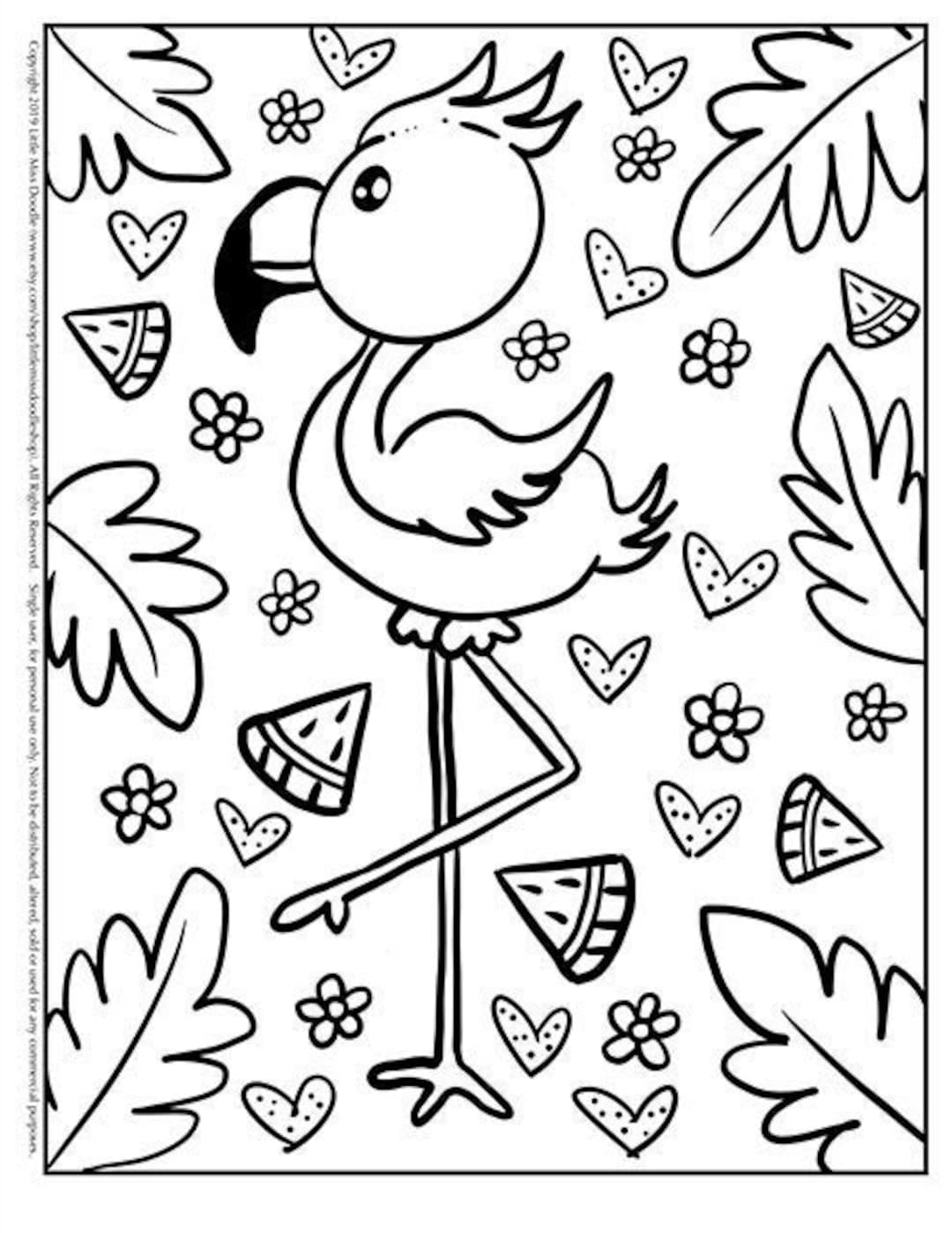 Summer time flamingo doodle printable cute kawaii coloring page for kids and adults instant download