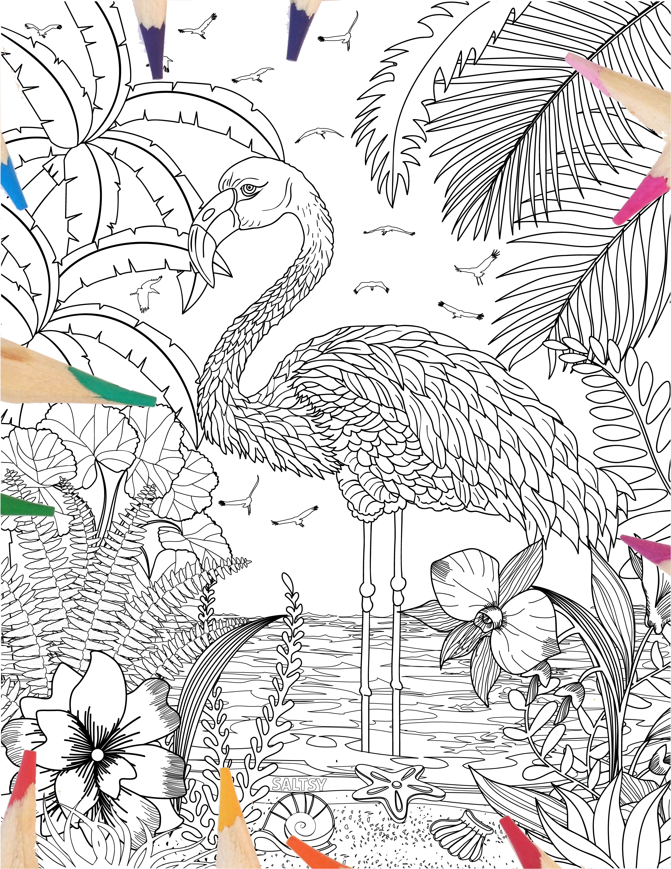 Free download fancy flamingo coloring page