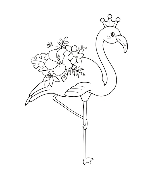 Premium vector cute flamingo and flowers coloring page