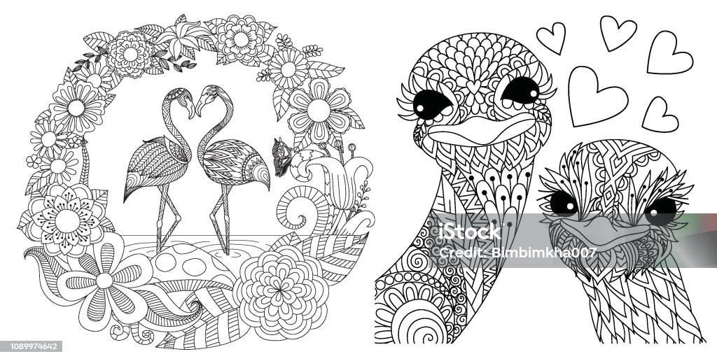 Flamingos and ostriches stock illustration