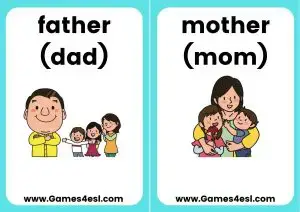 Family flashcards for teaching members of the family in english