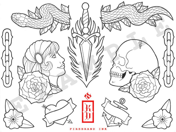 Traditional tattoo flash design coloring sheet download now