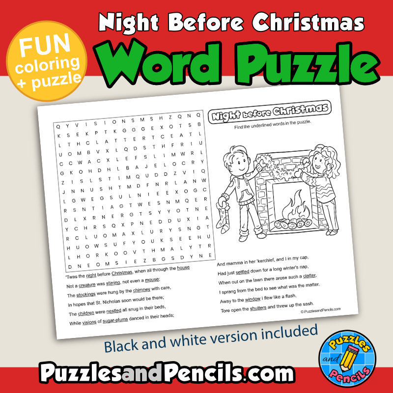 The night before christmas word search puzzle activity page with coloring wordsearch made by teachers