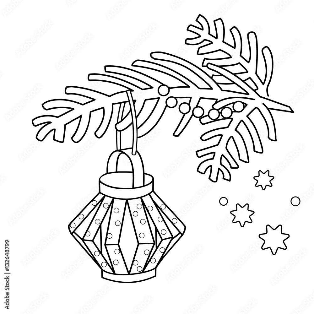 Coloring page outline of christmas decoration paper flashlight christmas tree branch new year coloring book for kids vector