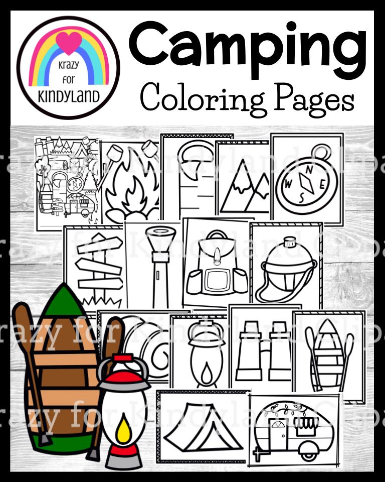 Camping coloring pages booklet tent canoe pass campfire flashlight