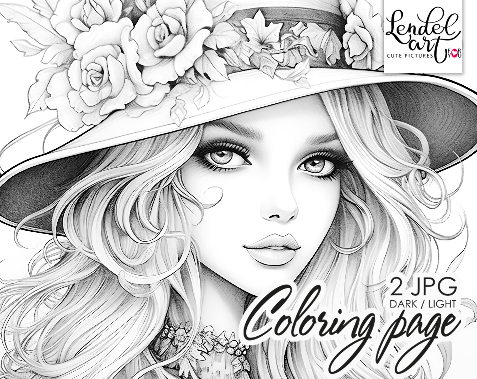 Lady in a hat coloring page for adults grayscale coloring page girl portrait instant download jpeg