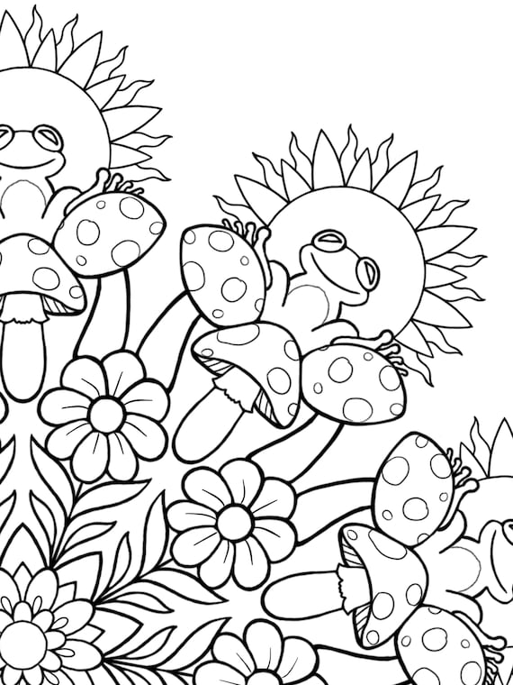 Coloring page happy frog and spring flowers mushroom mandala spring time coloring frog coloring page printable digital download