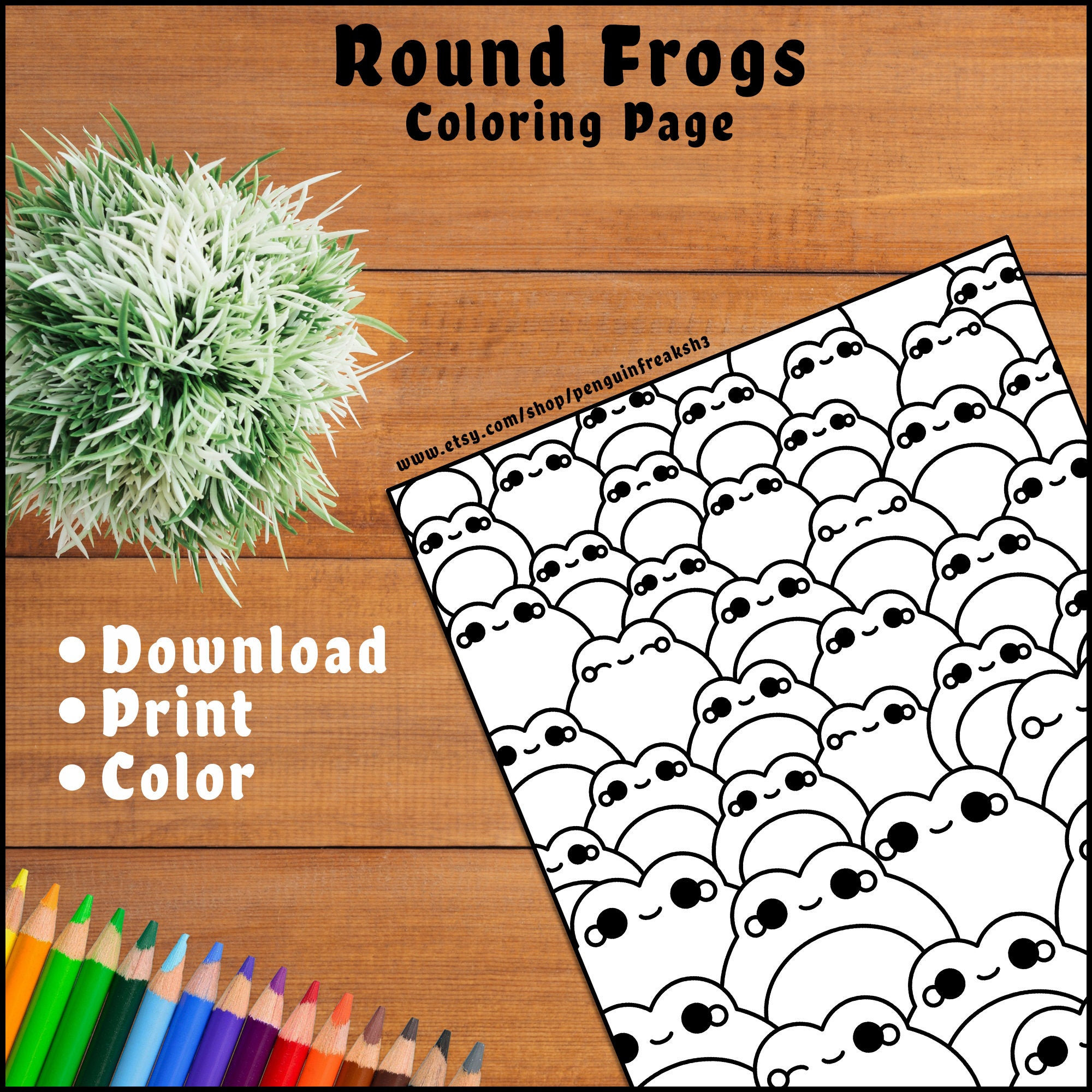 Round frogs coloring page cute kawaii happy spring animals chibi frog print color digital download kids fun indoor printable activity