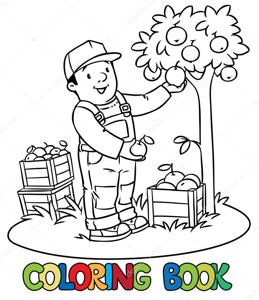 Funy agricultor o jardinero con manzanas libro para colorear vector de stock de passengerz