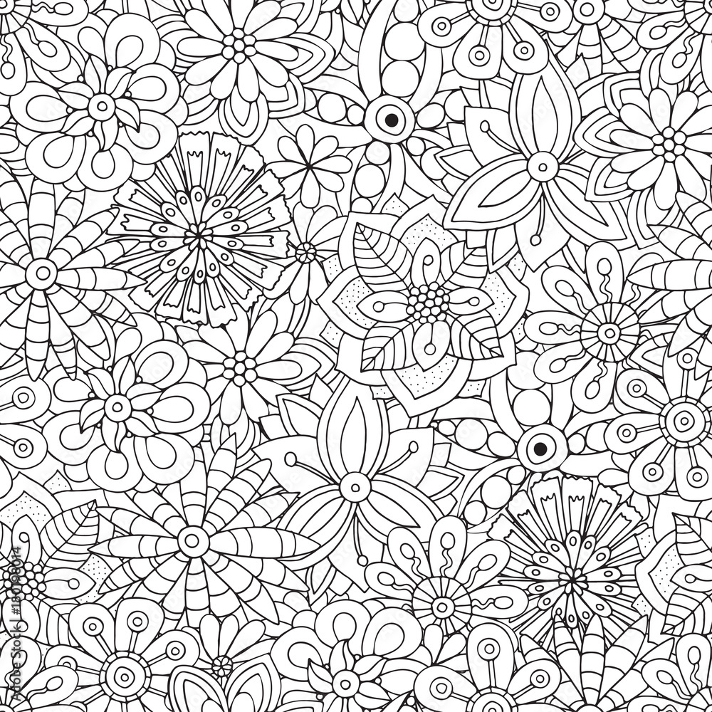 Seamless pattern for adult coloring book flowers ethnic floral retro doodle vector tribal design element black and white background vector