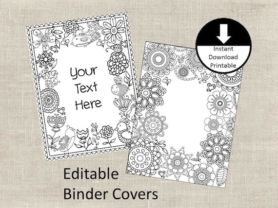 Binder covers insert doodle color page adult color page school student teacher editable binder cover printable set of flowers birds