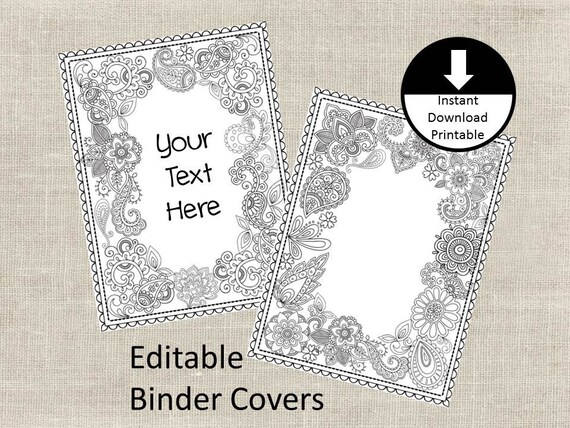 Binder covers insert doodle color page adult color page school student teacher editable binder cover printable set of floral paisley