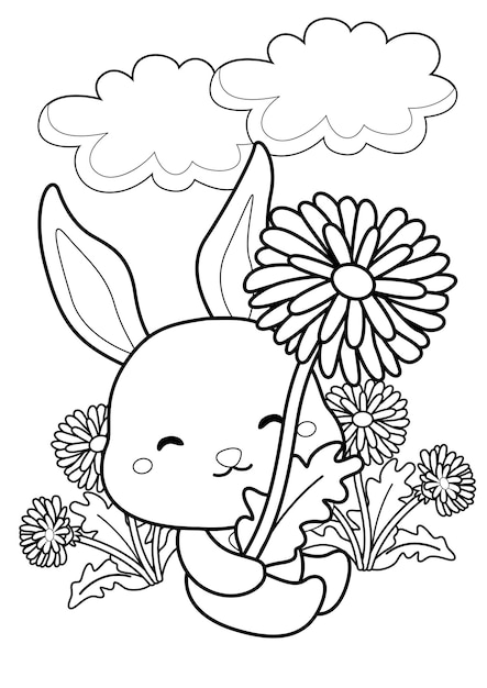 Premium vector coloring pages for kids a page girl rabbit and flowers theme