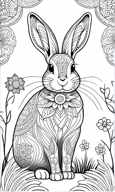 Coloring book template bunny with flowers